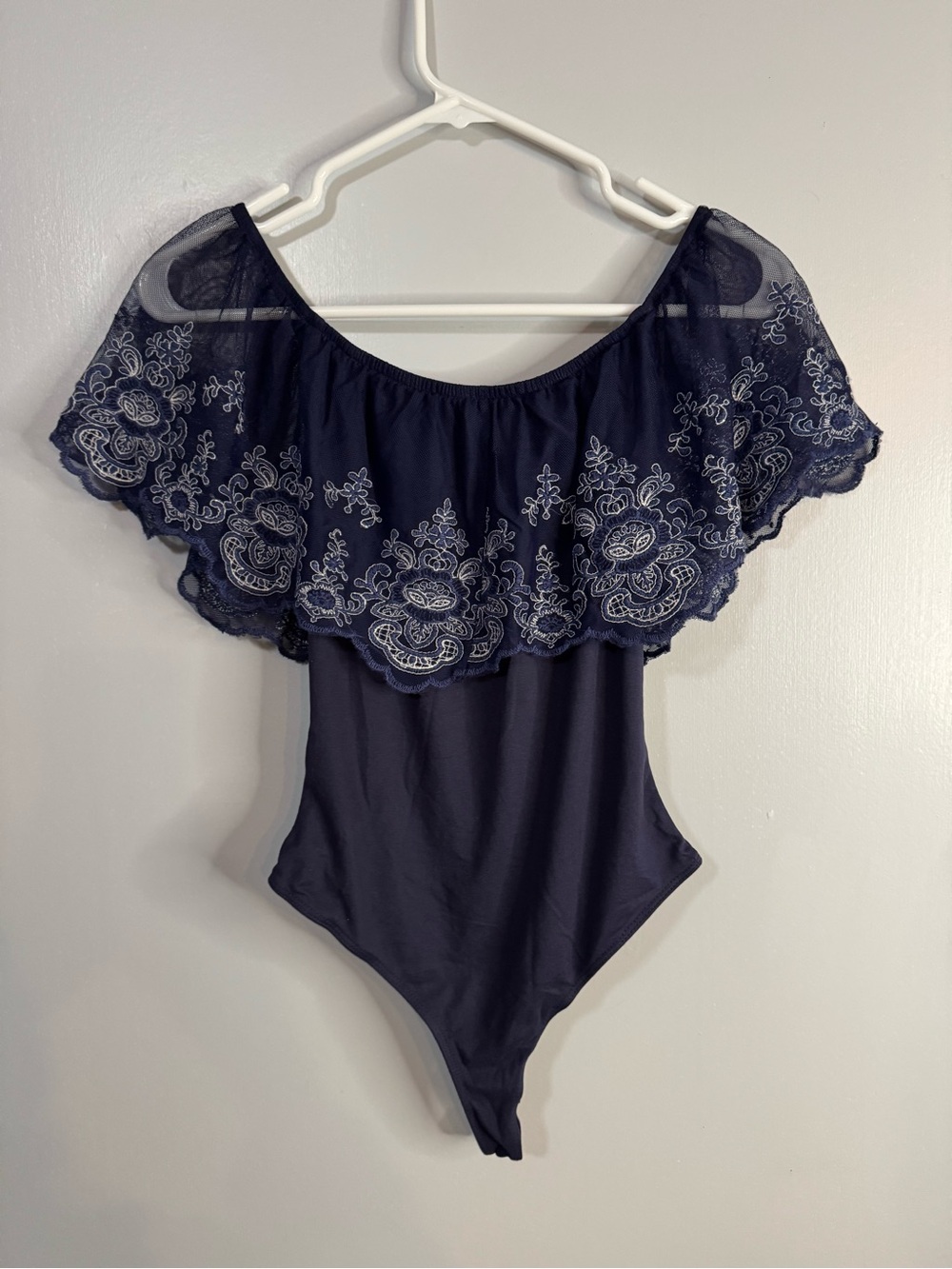 Algae Lace Navy Off-Shoulder Bodysuit Size XS